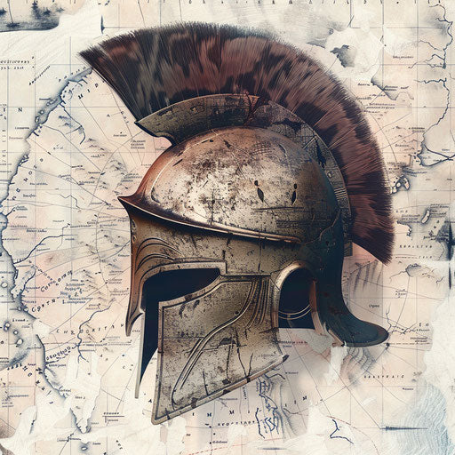 Spartan helmet on ancient map of Sparta, vintage style