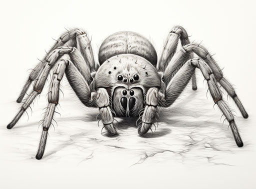 Black and white spider drawing, high resolution style