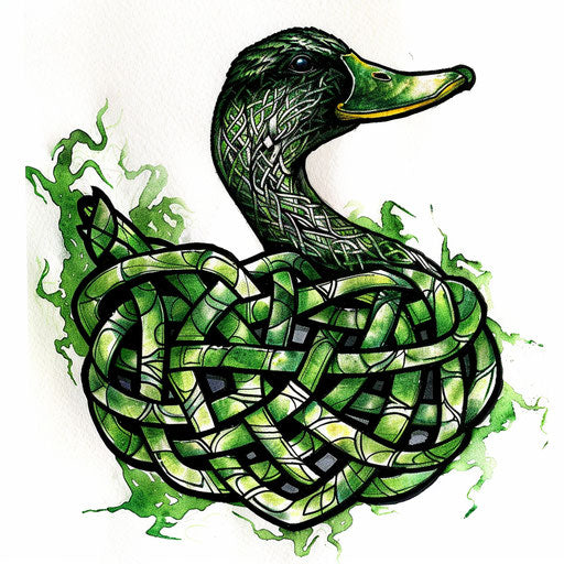 Celtic knotwork duck in green and black on white