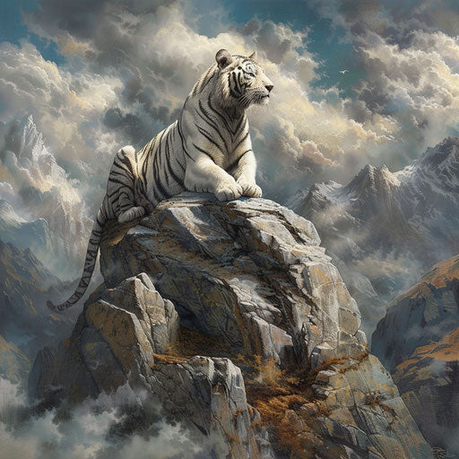 Majestic white tiger overlooking mountainous habitat