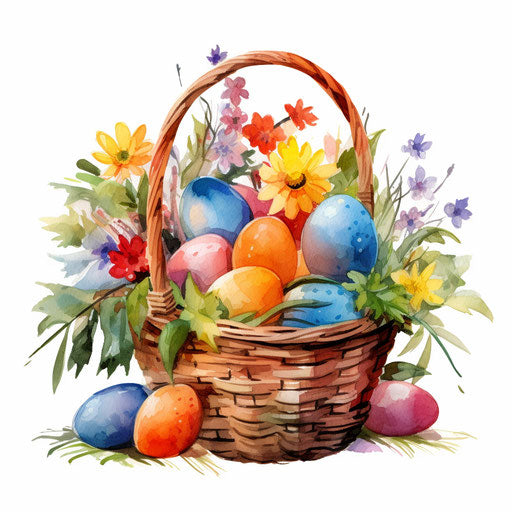 Easter basket clipart in Oil painting style on white