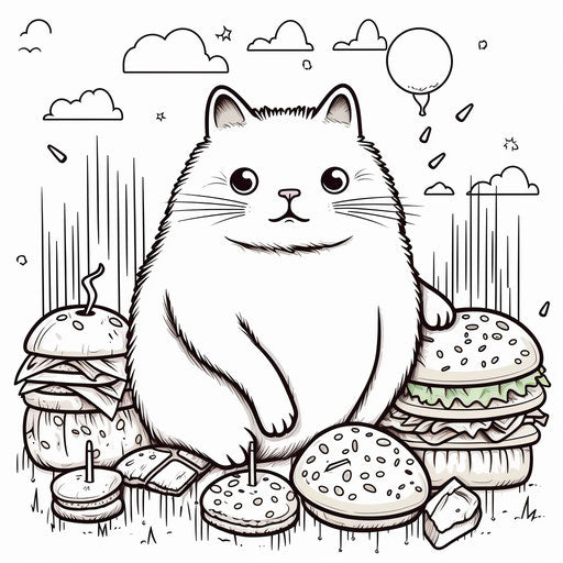 Pusheen coloring page with a cat and a hamburger