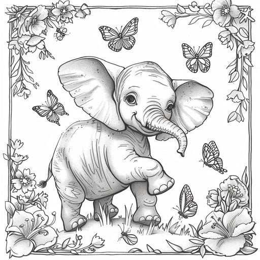 Young elephant playing with butterflies in the style of a Jen Bartel coloring book