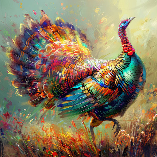 Wild turkey with vibrant plumage in a meadow