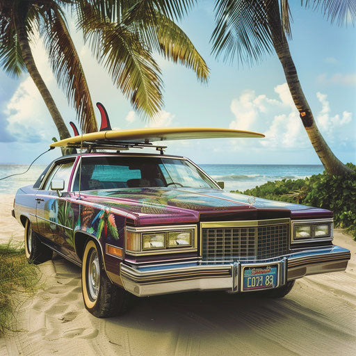 Surf-inspired Cadillac Coupe DeVille parked on a sunny beach