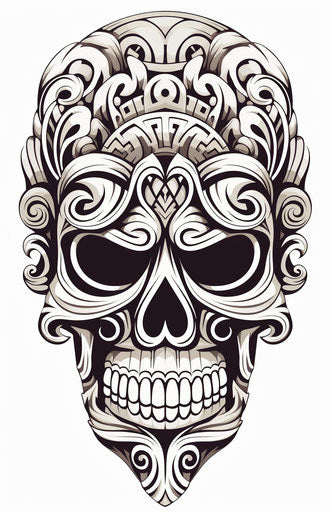 Tribal tattoo and skull, indian tiki design in light pink and dark grey