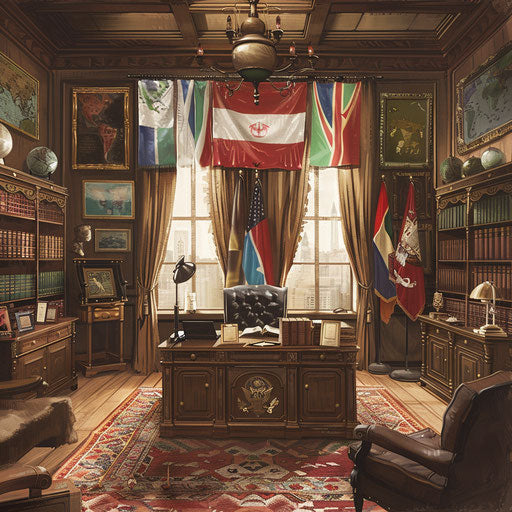 Diplomat's office with flags and artifacts