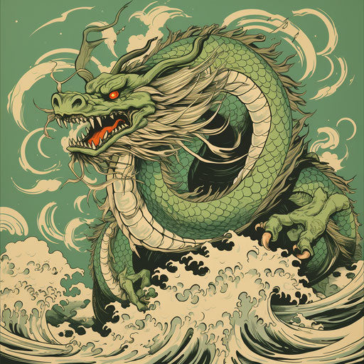 Japanese green dragon art print, emphasis on character design