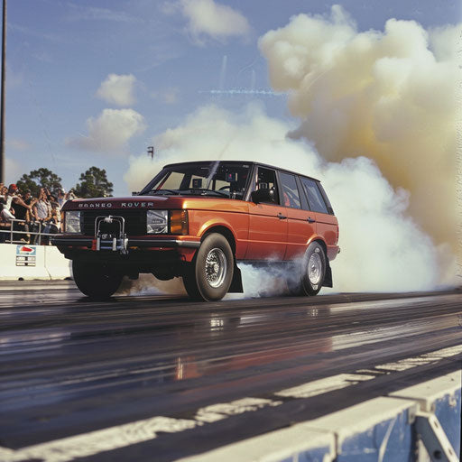 Modified Range Rover at start line with drag racing upgrades
