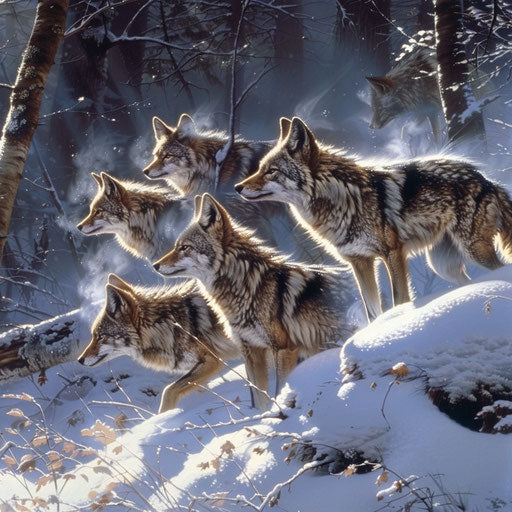 Pack of coyotes hunting in the snow