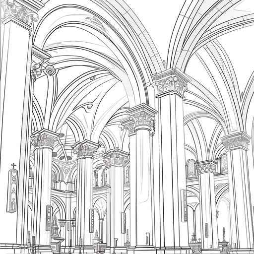 Church with beautiful arches and columns, coloring book page