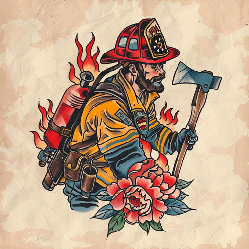 Firefighter sketch with axe in tattoo colors
