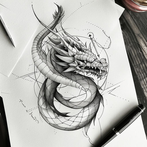 Mythological geometric tattoo design, dragon intertwined patterns