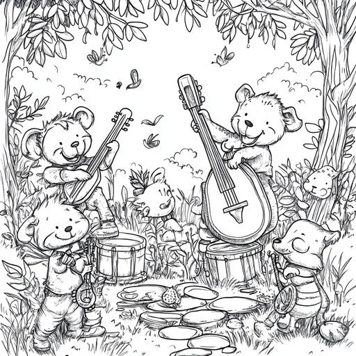 Whimsical jungle scene with animals playing instruments