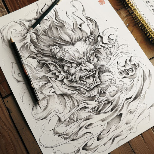 Dynamic sketch of a Japanese demon in battle stance with swirling wind