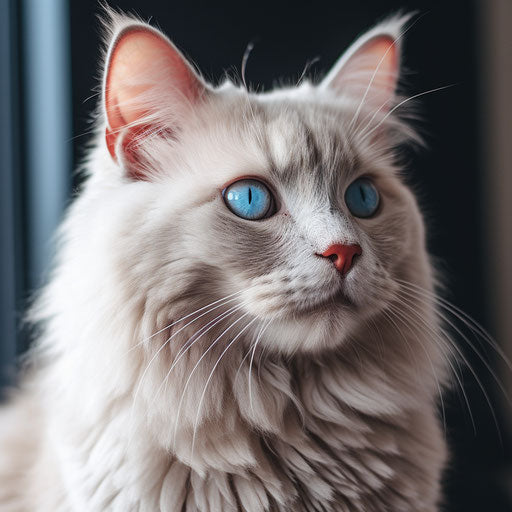 Grey cat with blue eyes, light maroon and light beige style
