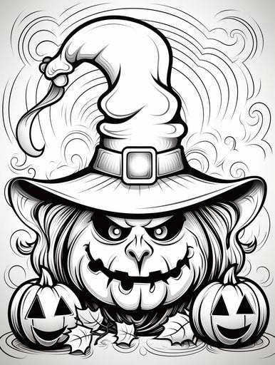 Coloring page with a witch hat and pumpkin