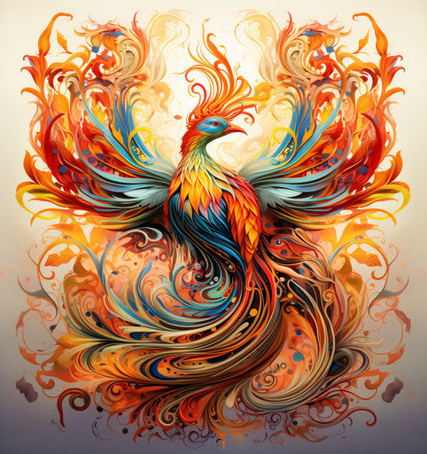Colorful bird with orange flames, ornate and playful