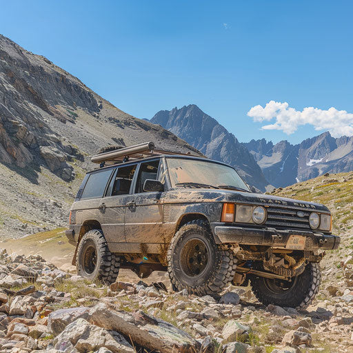 Modified 1994 off-road vehicle on mountain trail