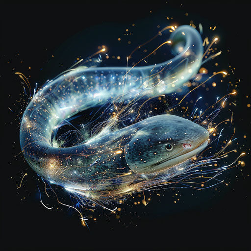 Electric eel with electric sparks, in the style of Simen Johan