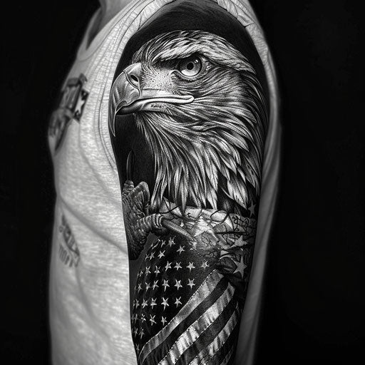 Sketch of a majestic eagle and American flag tattoo, full sleeve for men