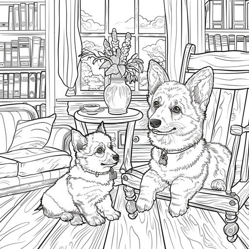Corgi and its puppy in a cozy room