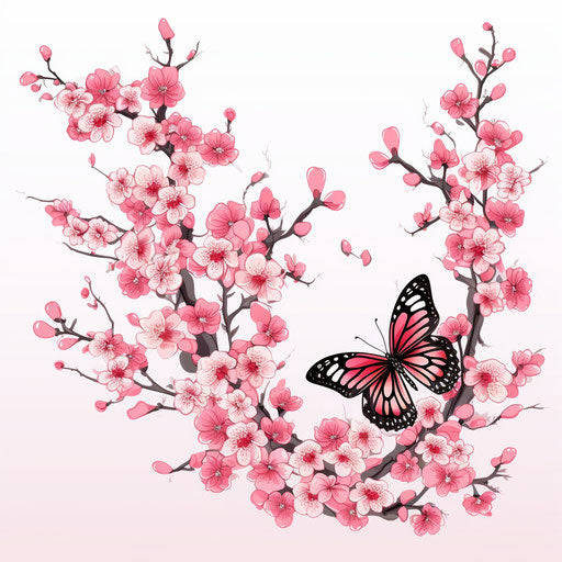 Pink cherry blossoms and butterfly on a branch