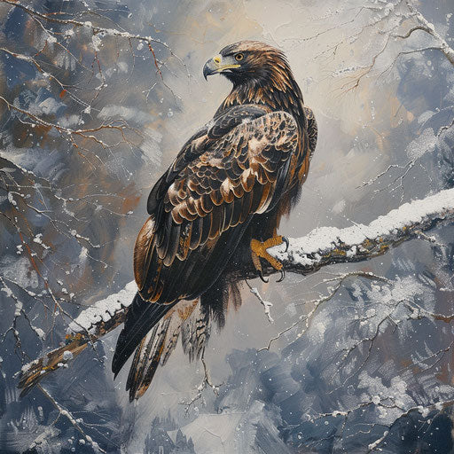 Majestic eagle perched on a snowy branch in the early morning