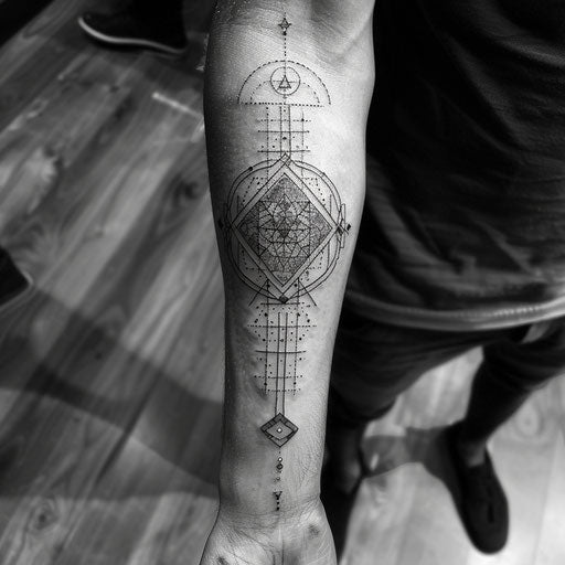 Men's forearm tattoo geometric design Guy Aitchison style