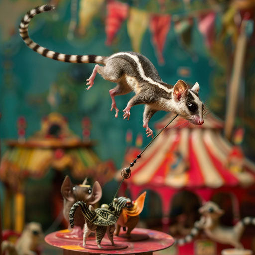 A marsupial squirrel performing acrobatics in a circus of miniature animals