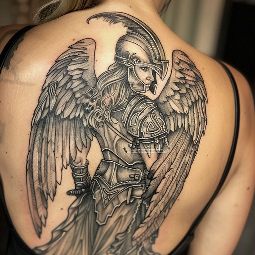 Nordic Valkyrie tattoo mid-flight, detailed silver wings