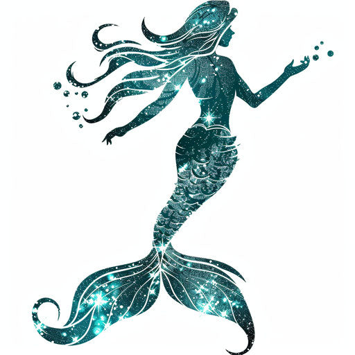 Flat tattoo sketch of a mermaid silhouette with teal and silver