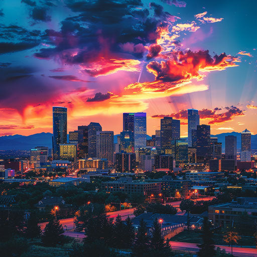 Sunset over Denver skyline with Rocky Mountains
