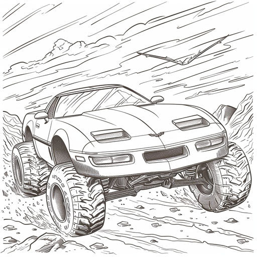 Whimsical Corvette with monster truck wheels driving on rough terrain