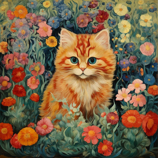 Louis Wain cat in a flower bed with beautiful flowers