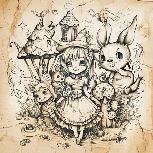 Flat tattoo sketch in fairy tale clipart style for a girly tattoo