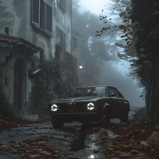 Gothic Alfa Romeo Alfasud with matte black paint and dark red accents, emerging from the fog on a haunted castle road