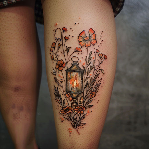 Wildflower tattoo with lantern, glowing effect, warm colors, vintage style