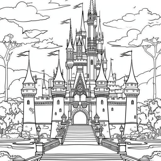 Castle with turrets and flags surrounded by a moat