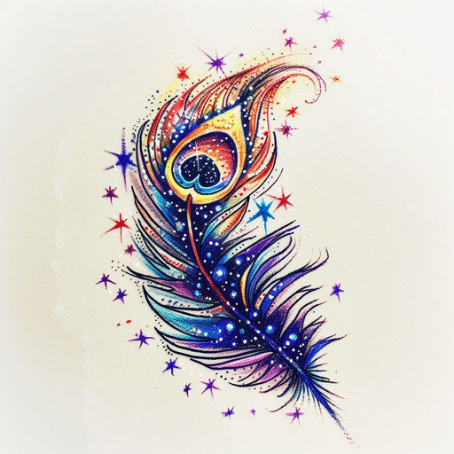 Sketch of cosmic peacock feather tattoo with starry elements and galactic colors