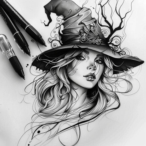 Witch tattoo ideas in expressive line drawings