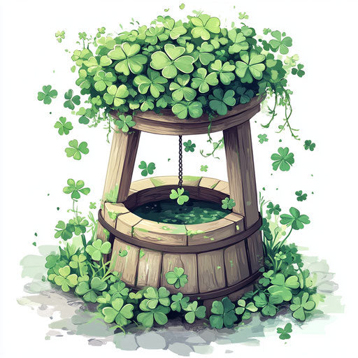 The old well surrounded by clover on a white background