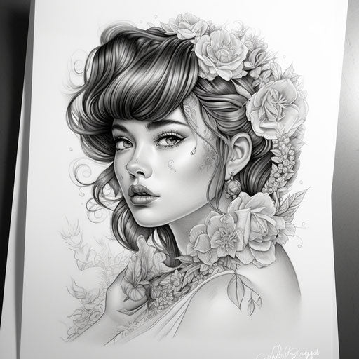 Bohemian girl with tribal tattoo and lettering