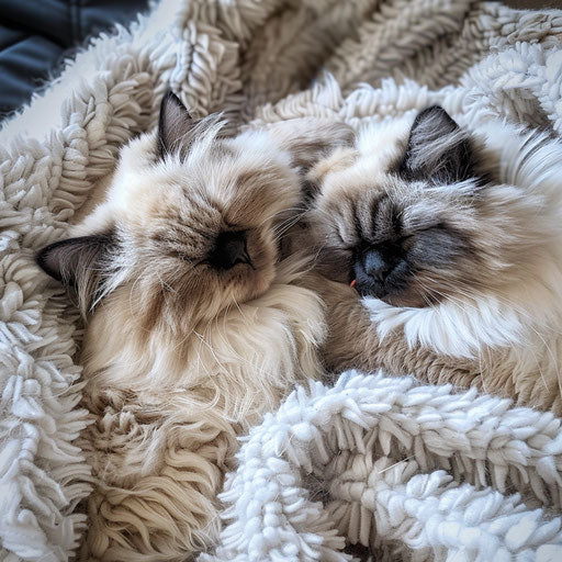 Duo of Himalayan cats napping on a plush blanket