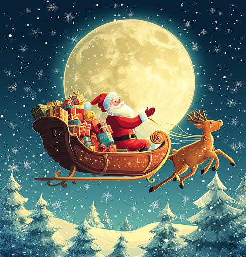 Christmas: Santa Claus flying in sleigh with reindeer