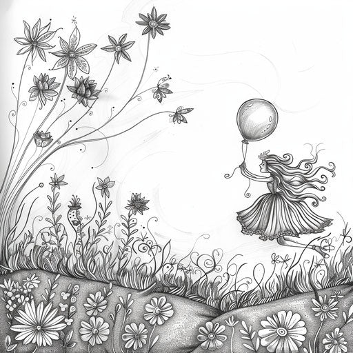 Whimsical scene of a fairy holding a balloon and flying over a meadow