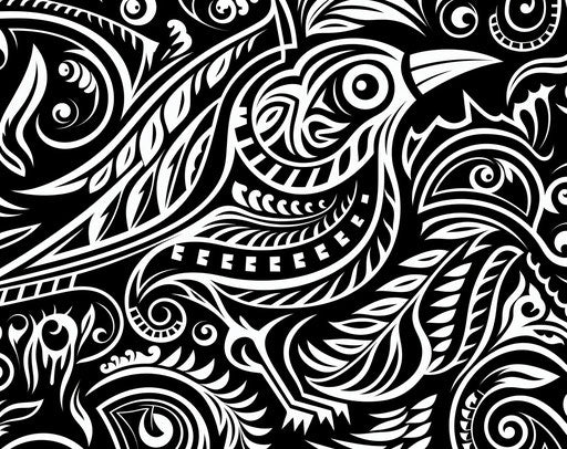 Black and white tribal bird pattern, sumatraism style