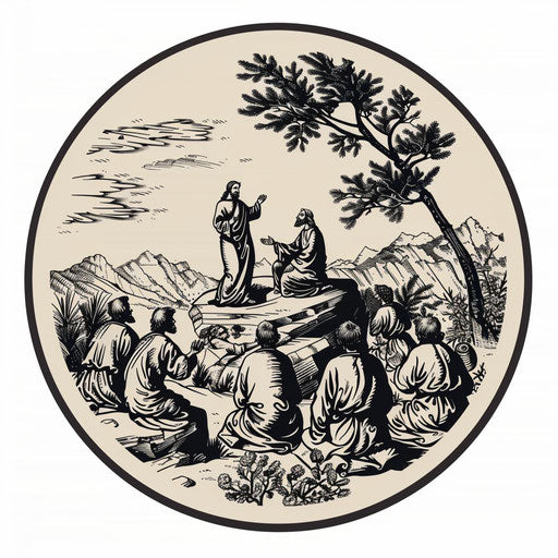 Elegant clipart style flat sketch of the Sermon on the Mount, with a panoramic background