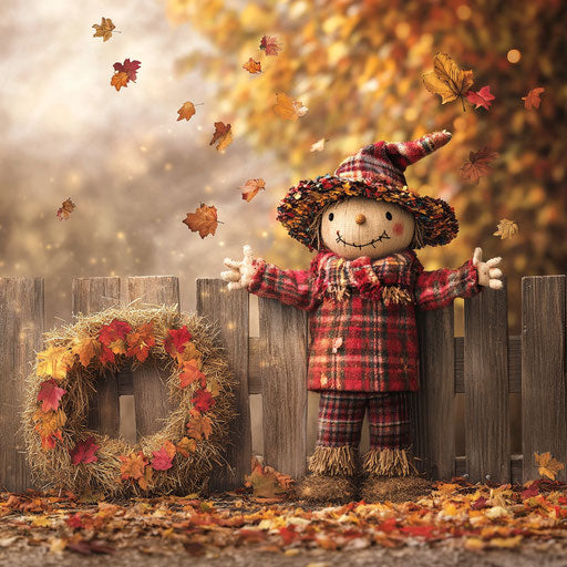 Cozy scarecrow near rustic wooden fence