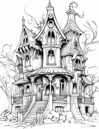 Haunted house coloring sheet, precise style, captivating 24:31